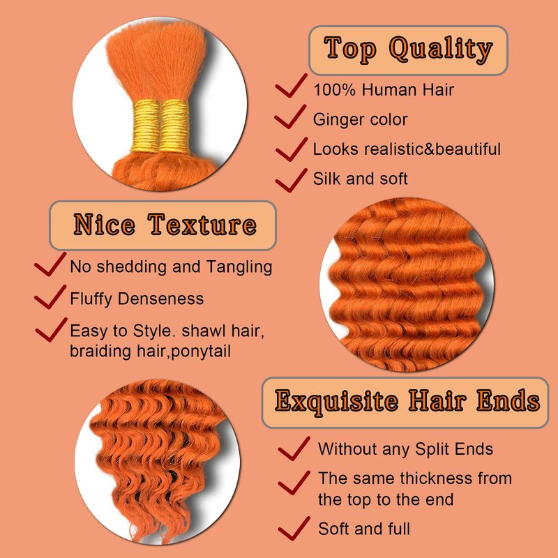 Ginger Human Braiding Hair 16 Inch 100 g 2 Bundle Deep Water Wave Bulk Human Hair for Braiding Curly Human Hair for Boho Braids Wet and Wavy Human Hair Extensions No Weft Micro Braiding Hair