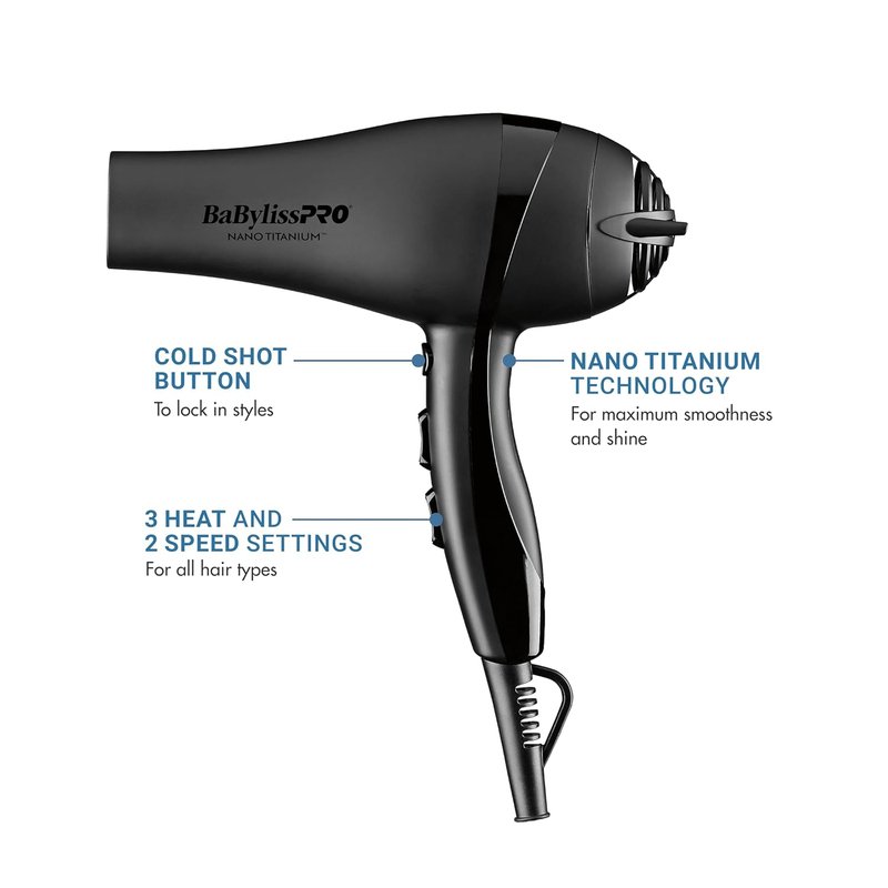 BaBylissPRO Nano Titanium Blow Dryer - 2000-Watt Ionic Styling Tool with Concentrator Nozzle