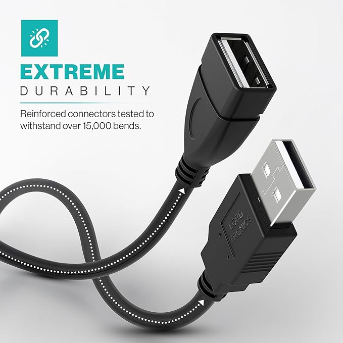 LORDTRONICS 5FT USB Extender Cable Male to Female USB A Male to USB A Female 2.0 Data Transfer and Charging Adapter for TV, PC, Laptop, PlayStation, Xbox, Flash Drive for Multiple Devices
