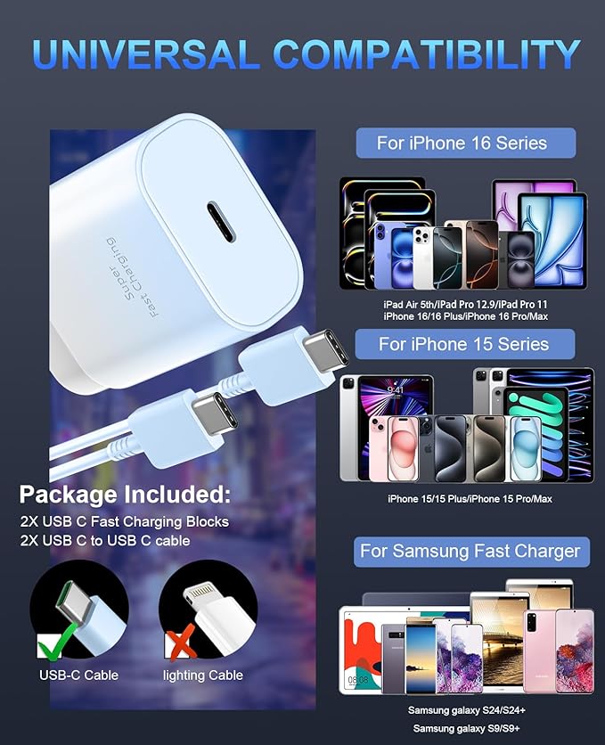 Phone 17 16 15 Charger Fast Charging,30W USB C Phone 17 16 15 Pro Max Charger Block&10FT Long Type C Cable Cord for i.Phone 17/Air/17 Pro/17 Pro Max/16/16 Pro/16 Pro Max/15/15 Pro Max,Blue Gradient