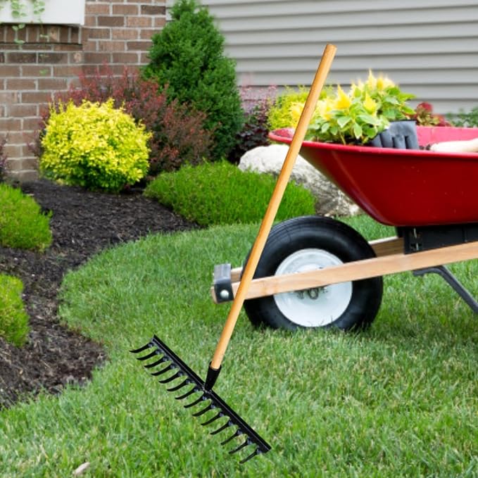 Garden Tool for Soil Preparation Wooden Handle Rake for Flower Beds, 14 Teeth 48x12x10cm