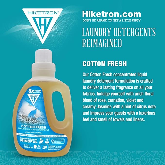 Hiketron Cotton Fresh Liquid Laundry Detergent, 5x Ultra Concentrated, Tough Stains Remover, Long Lasting Scent (40 Fl Oz, Pack of 1)