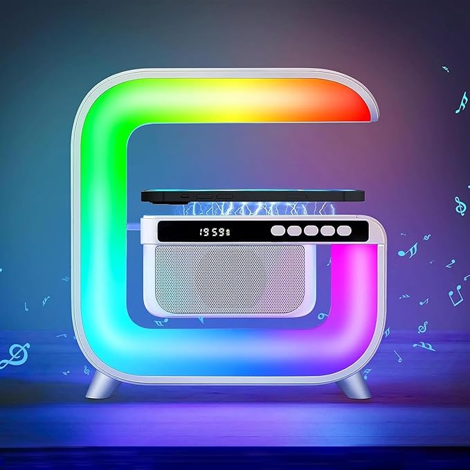 Table Lamp with Hi-Fi Bluetooth Speaker, Bedside LED Lamp with Up to 15W Qi Wireless Charger, Color Changing Mood Lamp with Alarm Clock, Desk Lamp for Bedroom, Nightstand, Home Decor, Gift - g3