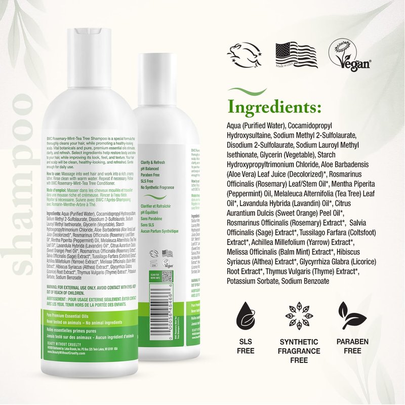 Beauty Without Cruelty Shampoo and Conditioner Set, Clarifying Rosemary Mint Tea Tree – Aromatherapy Hair & Scalp Treatment, SLS-Free, Vegan-Friendly & Cruelty-Free, 16 Oz Ea