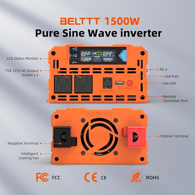 BELTTT 1500W Pure Sine Wave Inverter 12V to 120V AC, Inverter 12V to 110V Converter for Solar, Off-Grid, RV, Truck, Power Inverter with Dual AC Socket, 5V 2.1A USB, Surge 3000W, Smart LCD Display