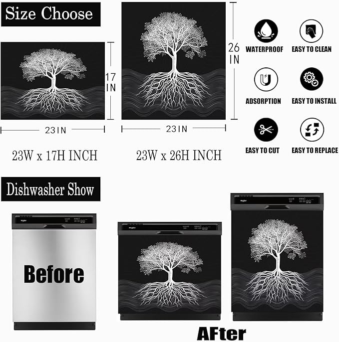 Tree of Life Dishwasher Magnet Cover, Retro Black Dishwasher Panel Decal Kitchen Refrigerator Magnets Decor Dishwasher Stickers for Farmhouse 23" x 26"