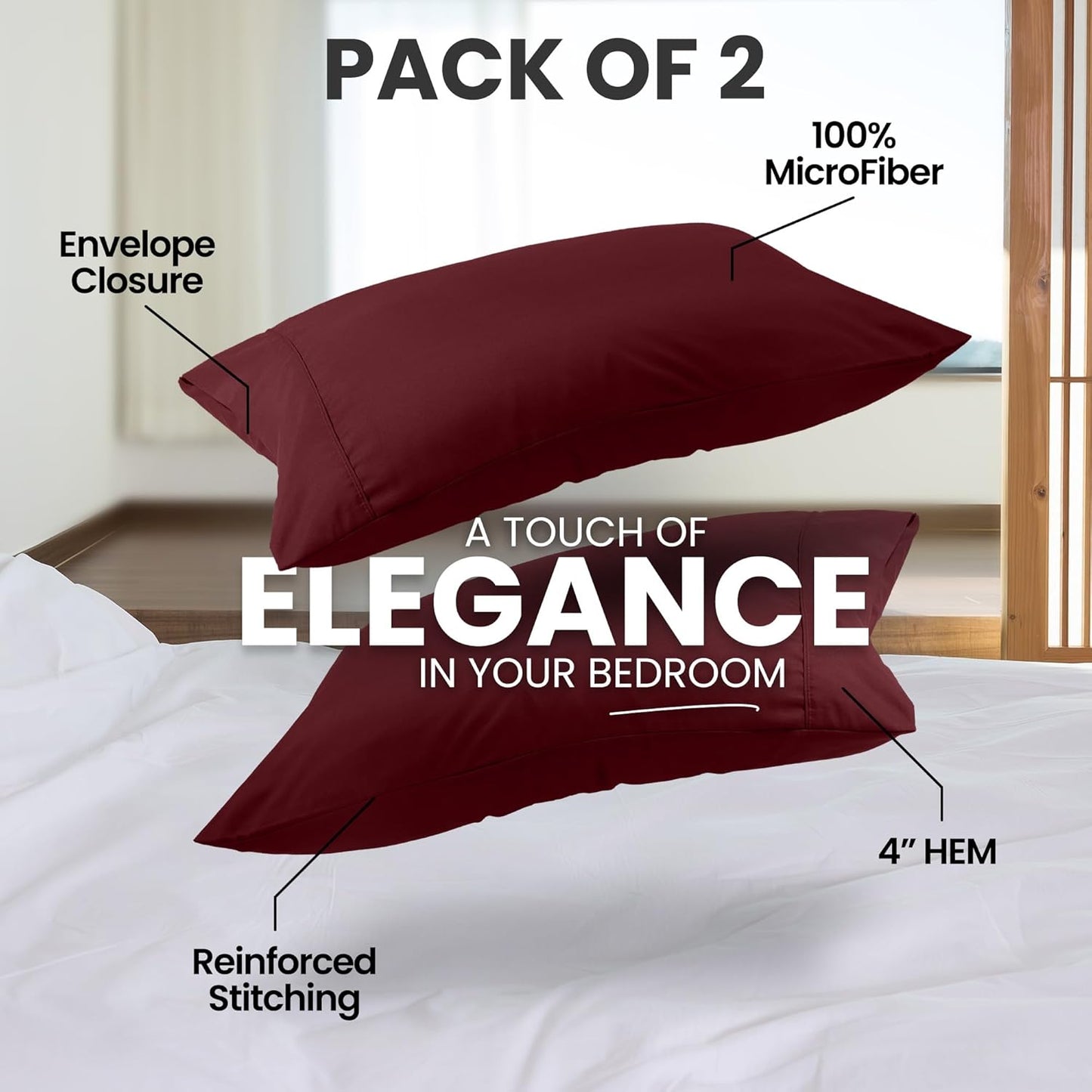 Utopia Bedding Queen Pillow Cases - Soft Brushed Microfiber - 2 Pack, Envelope Closure | 20 x 30 Inches, Burgundy