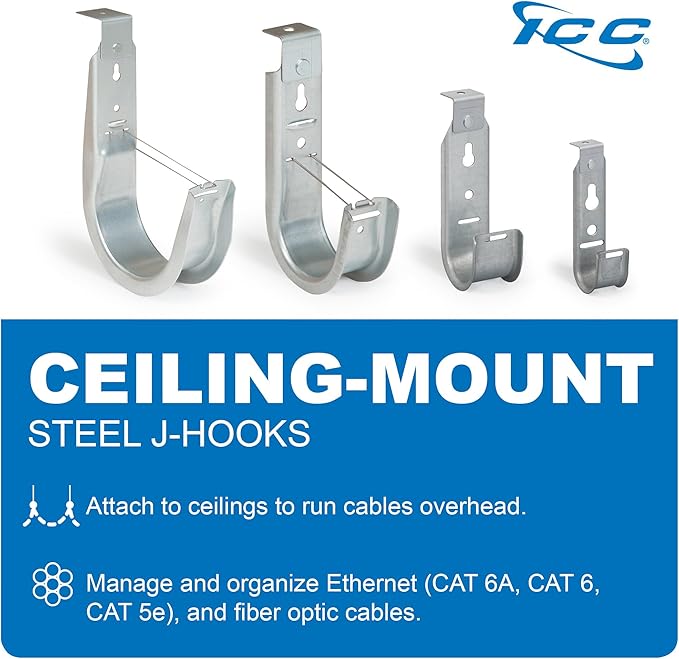 ICC Ceiling Mount J Hook 1-5/16" Without Retainer Clip – Galvanized Steel Cable Management Hooks for Hanging Cable - Rust-Resistant, EIA and TIA Compliant - 1-5/16 Inch 25 Pack