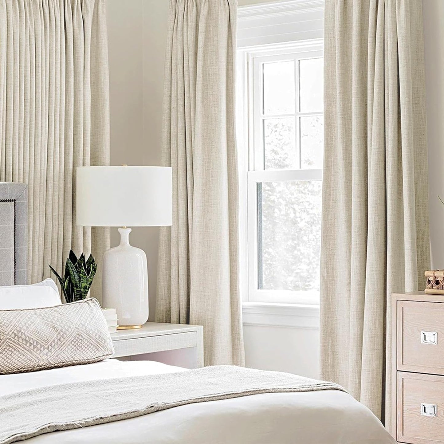 MIULEE 100% Blackout Linen Textured Curtains - Solid Thermal Insulated Cream Drapes | 42 x 63 Inch (2 Panels)
