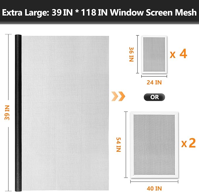 Secopad Window Screens Replacement Repair Kit, Black Screen Door Mesh Replacement Kit, Durable Fiberglass Mesh Roll with Tools for Windows Doors Patio and Porch, 39in x 118in
