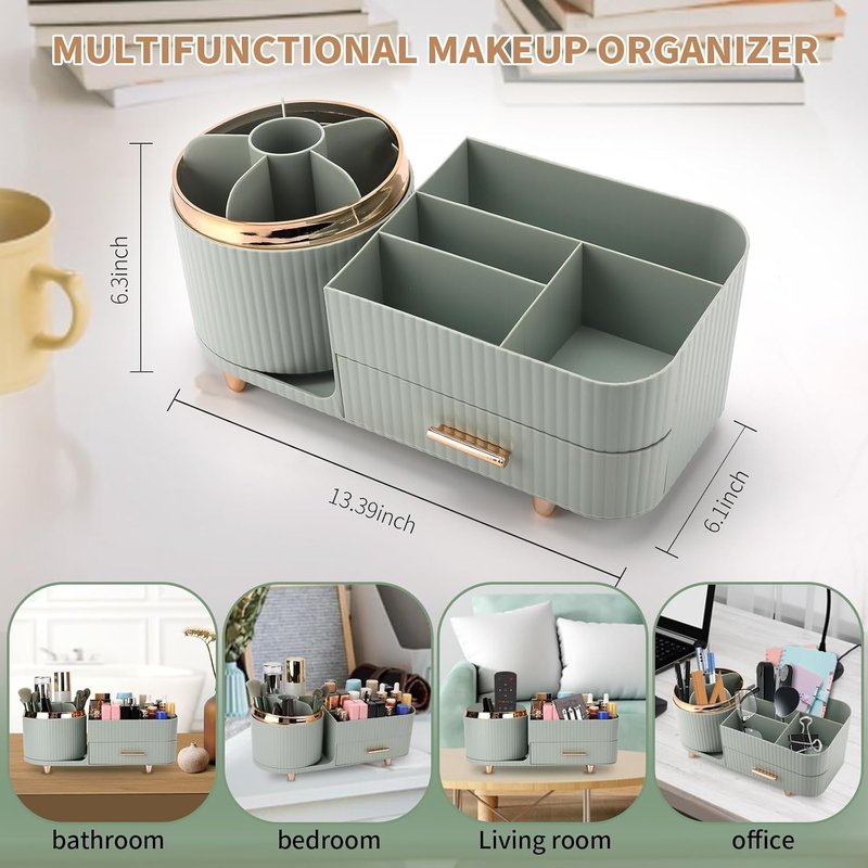 Makeup Organizer - Versatile Vanity Storage Case with Drawers | Fits Cosmetics, Skincare, Brushes & Accessories - Green