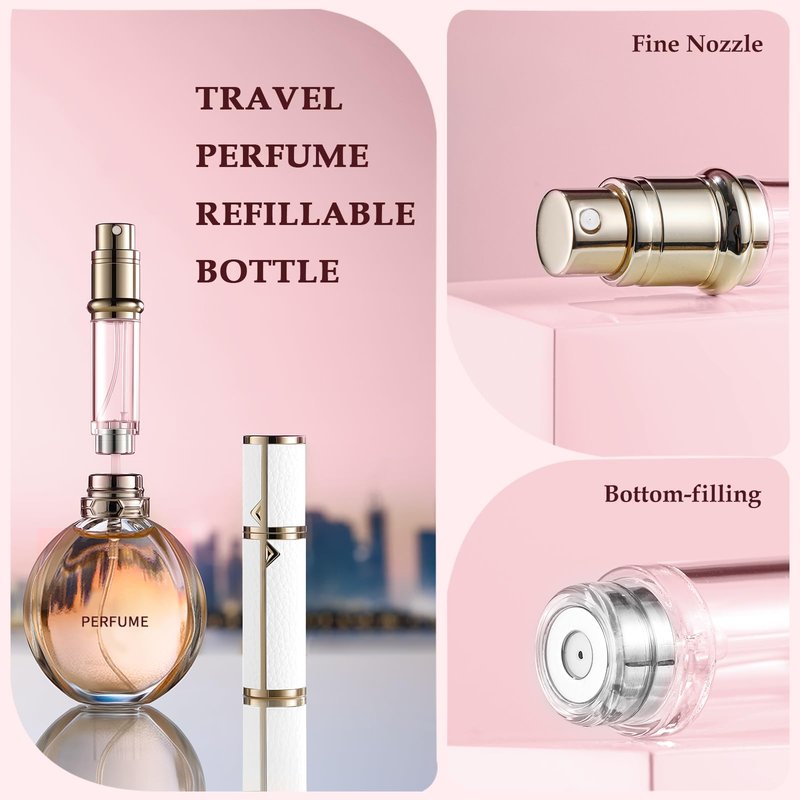 DIOHIO 5ml Perfume Atomizer Travel Refillable, 2PCS Perfume Travel Refillable Bottle,Bottom-Filling Fragrances Perfumes Bottle,Mini Cologne Dispenser,Lightweight Portable Sprayer（White-Pink）