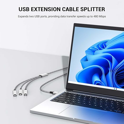 POHFP 3.3FT USB A Male to 3 Female Extension Cable, USB Splitter 1 in 3 Out Support Charging and Data Transfer for Printer/Keyboard/Flash Drive/PlayStation/Laptop/LED Etc(Silver)