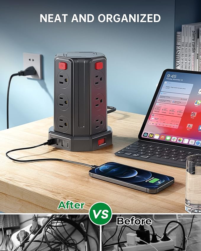 Power Strip Surge Protector, 10 Ft Extension Cord with 12 AC Multiple Outlets 4 USB (1 USB C), SMALLRT Power Tower Desktop Charging Station