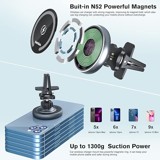 MAGJIEYX for MagSafe Car Mount Charger, Fast Charging 15W Wireless Magnetic Phone Holder [N55 Strong Magnets] Work for iPhone 17 16 15 14 Plus/Pro Max for Dashboard/Vent/Windshield Gary
