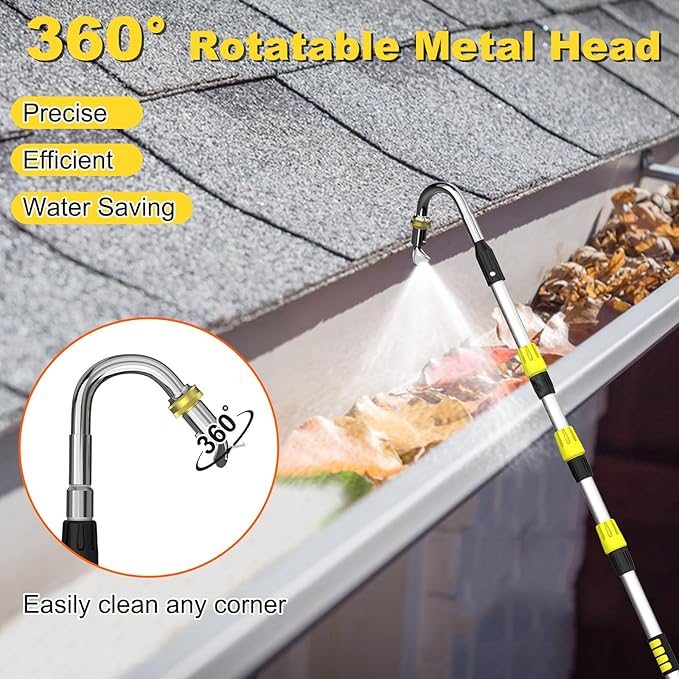 Buyplus 16FT(24FT Reach) Telescopic Gutter Cleaning Tools from The Ground, Rain Gutter Cleaners Tool with 360Â°Rotatable Metal Nozzle, Extension Pole, Hose Attachment, Watering Wand for Garden Hose