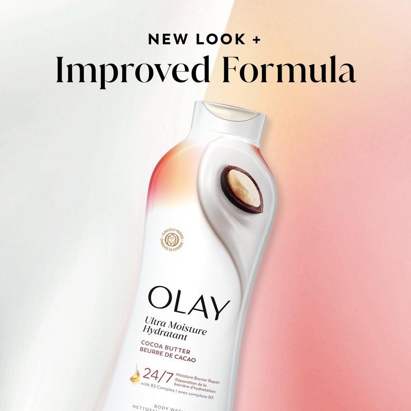 Olay Body Wash for Women, Ultra Moisture, 24hr Moisturizing, Hydrating & Refreshing, B3 Vitamin Complex, Free of Parabens & Phthalates, For All Skin Types, Cocoa Butter Scent, 22 fl oz (Pack of 4)