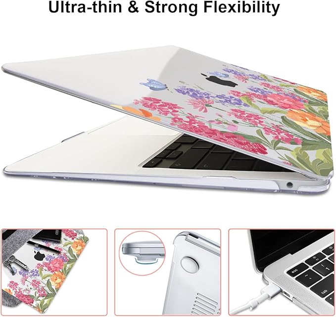 LCMOCICO for MacBook Pro 13 Inch Case 2022 2021 2020 Release A2338 M2 M1 A2251 A2289, Plastic Hard Shell Case for MacBook Pro 13.3 inch with Touch Bar & Touch ID, Pink & Purple Flowers
