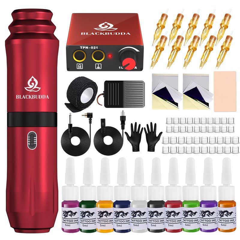 Blackbudda Tattoo Kit for Beginners, Complete Tattoo Gun Kit with Rotary Pen, Power Supply, Foot Pedal, 7 Inks, 10 Cartridge Needles, Practice Skin - 40 Piece Tattoo Supplies Starter Set (Red)