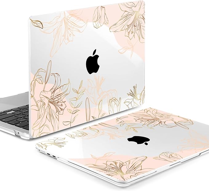 MEEgoodo for M5/M4/M3/M2 MacBook Air 15 inch Case 2026 2025 2024 2023, Case Fit Model (A3448/A3241/A3114/A2941) for MacBook Air 15.3 inch, Gold Flowers Lilies
