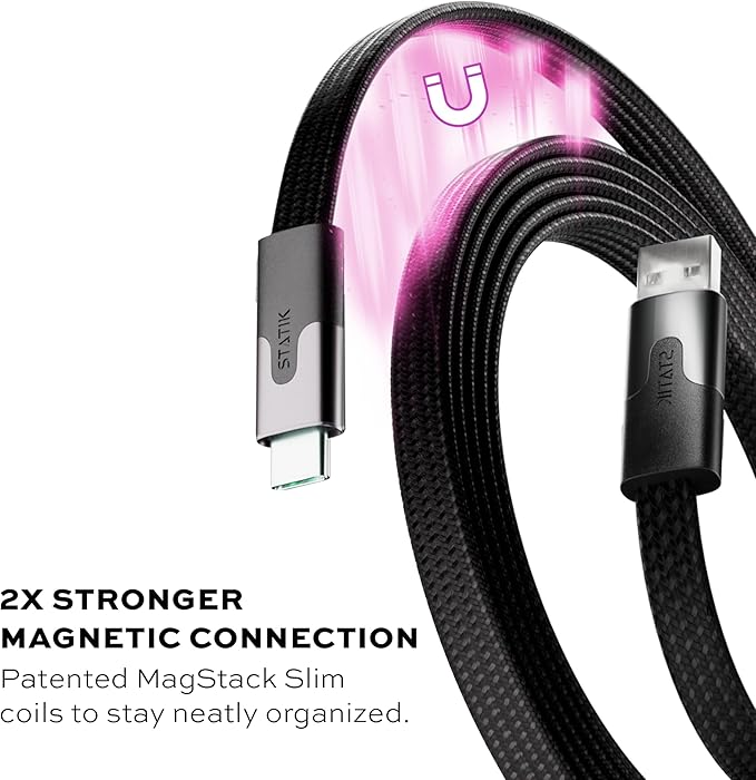 Statik MagStack Slim - USB to USB C Cable, Magnetic Anti Tangle Flat A to Type C Charger Fast Charging Cord, Magnetic Charging Cable, Compatible with iPhone, iPad & Android, 27W 6FT, 3-Pack