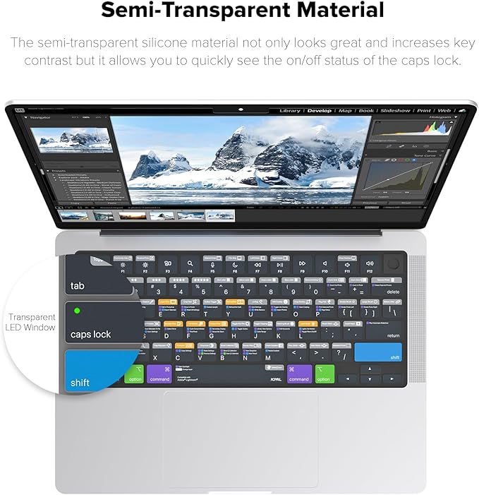 JCPal Adobe Lightroom Shortcut Guide Keyboard Cover for Apple MacBook Pro 14 inch / 16 inch (M1–M5), MacBook Air 13 inch / 15 inch (M2–M5) and MacBook Neo (US–Layout)