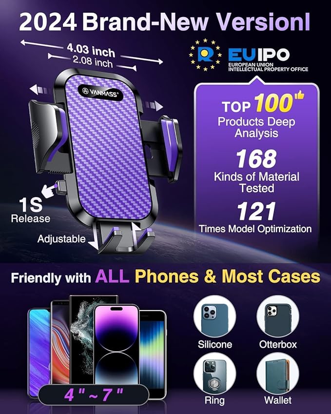 VANMASS Phone Holders for Your Car 2026 Ultimate Phone Mount Military-Grade Windshield Dashboard Vent【Newest Best Strongest】 Cell Phone Car Mount for iPhone 16 Pro Max 15 Samsung Android,Purple