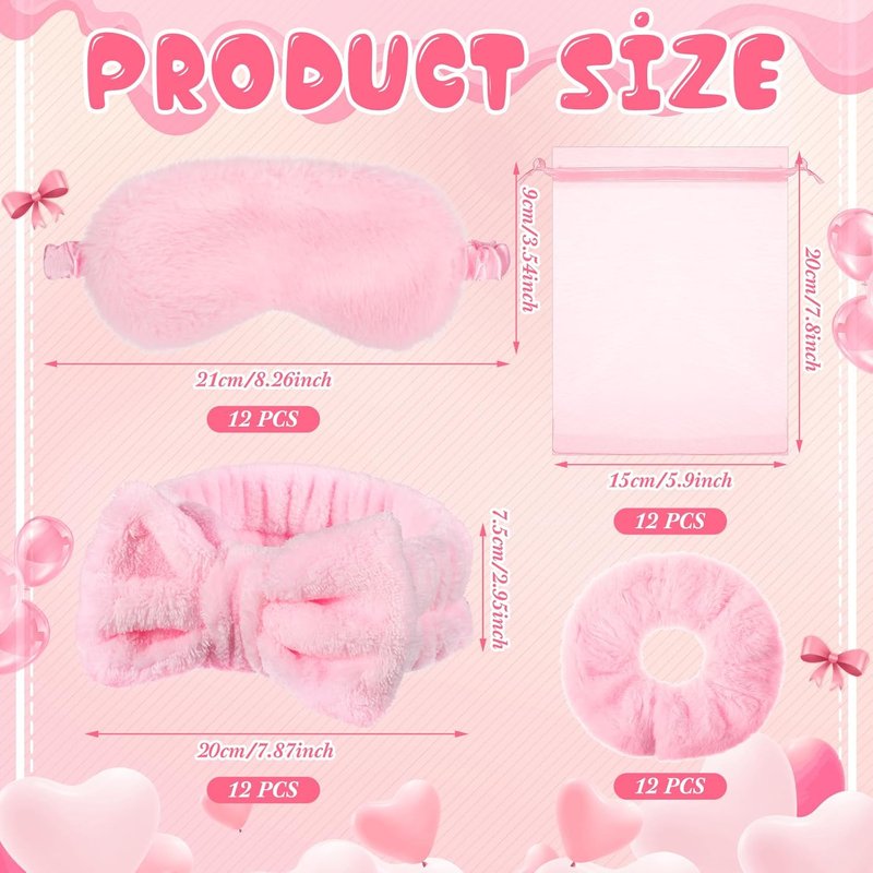 Mimorou Spa Party Supplies - 48-Piece Set with Headbands, Plush Eye Masks & Velvet Scrunchies | Pink
