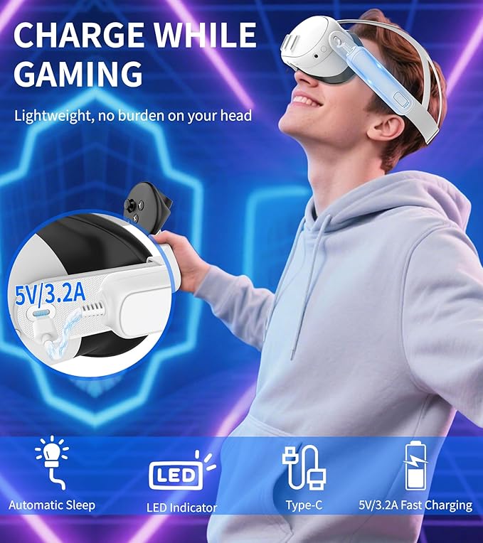 YRXVW Battery Pack for Meta/Oculus Quest 3S/3/2,5000mAh Battery VR Charger, Extend 2-4 Hours Playtime, Lightweight Fast Charging VR Headset Safe Power Bank for Meta Quest 3S/3/2 Accessories