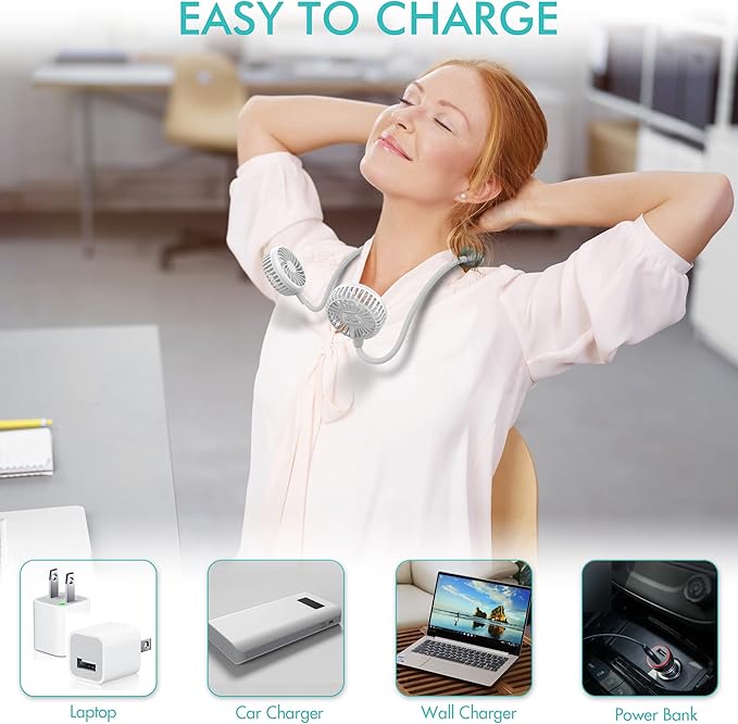 Portable Neck Fan, 2600mAh Battery Operated Ultra Quiet Hands Free USB Fan with 3 Speeds, Strong Wind, 360° Adjustable High Flexibility Wearable Personal Fan for Home Office Outdoor Travel-White