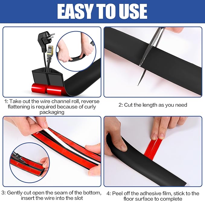 Floor Cord Cover Cavity 0.8"x0.37" Self Adhesive Cord Hider, 10FT Low Profile Cable Management, Extension Strip Protector for Wires, Prevent Cable Trips for Offices, Gyms, Exhibitions（Black）