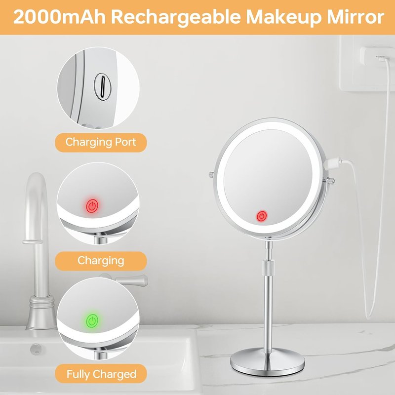 Lighted Makeup Mirror - Height-Adjustable 1X/20X Magnification | 360° Swivel, Dimmable 3 Color Options, Perfect Gift for Women