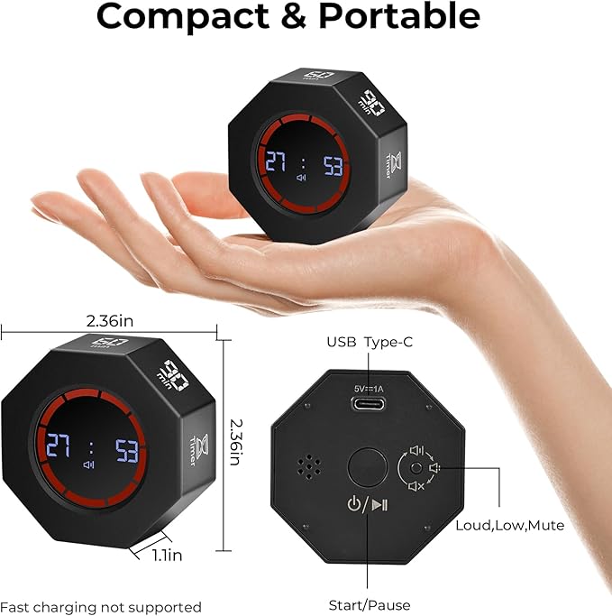Kaflin Small Rechargeable Pomodoro Timer, Gravity Sensor Auto-Rotating 7 Preset Times (1/3/5/15/30/60/90 min) & Count Up Mode, Digital Kitchen Timers for Cooking, Work and Study (Space Gray)