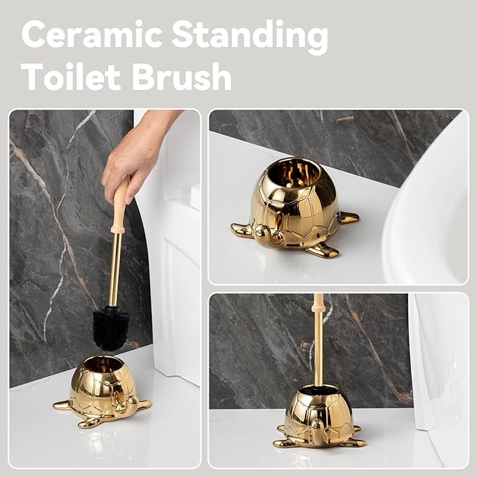 Turtle Base Toilet Brush Set - Gold Ceramic Toilet Scrubber Brush 7.5â Bowl Cleaner with Ergonomic Handle, Mini Cute Bathroom Cleaning Brush - Bathroom Decor