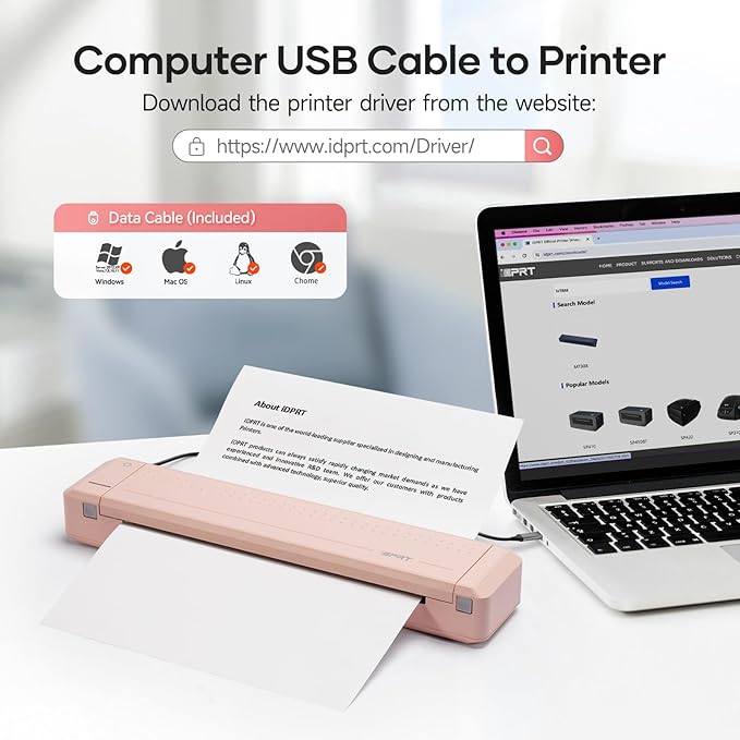 iDPRT MT888 Portable Thermal Printer, 300DPI HD Mobile-Travel-Printers, Inkless-Wireless-Small-Printer for Home Use, Office, Vehicles, Bluetooth Printers Supports 8.5" x 11" US Letter&A4&A5, Pink