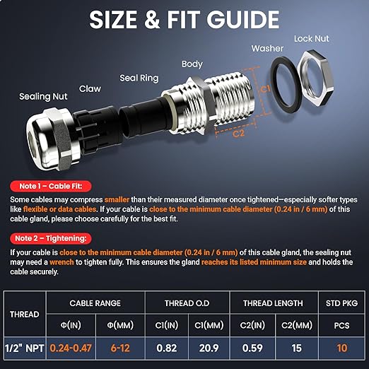 QILIPSU 4pcs 1/2" NPT 304 Stainless Steel Cable Gland Waterproof IP68 Metal Strain Relief Cord Grip Long Thread Cable Pass Through Wire Connector