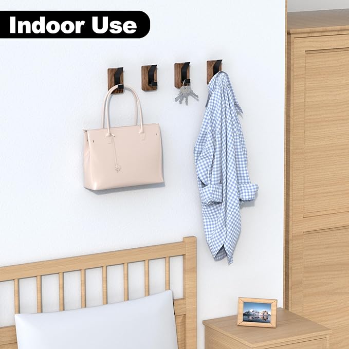 IURRDOP 4 PCS Black Walnut Wood Wall Hooks Adhesive Mounted & Wall Mounted Rustic Decorative Entryway Hooks Mid Century Modern Natural Wooden Pegs for Hanging Coat Clothes Hat Bag Purse and Towel