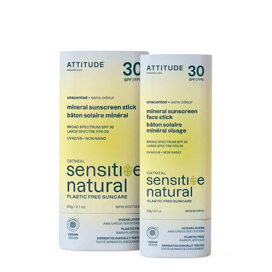 Bundle of ATTITUDE Mineral Sunscreen Face and Body Stick for Sensitive Skin, SPF 30, EWG Verified, Plastic-Free, Broad Spectrum UVA/UVB Protection with Zinc Oxide, Vegan, Unscented