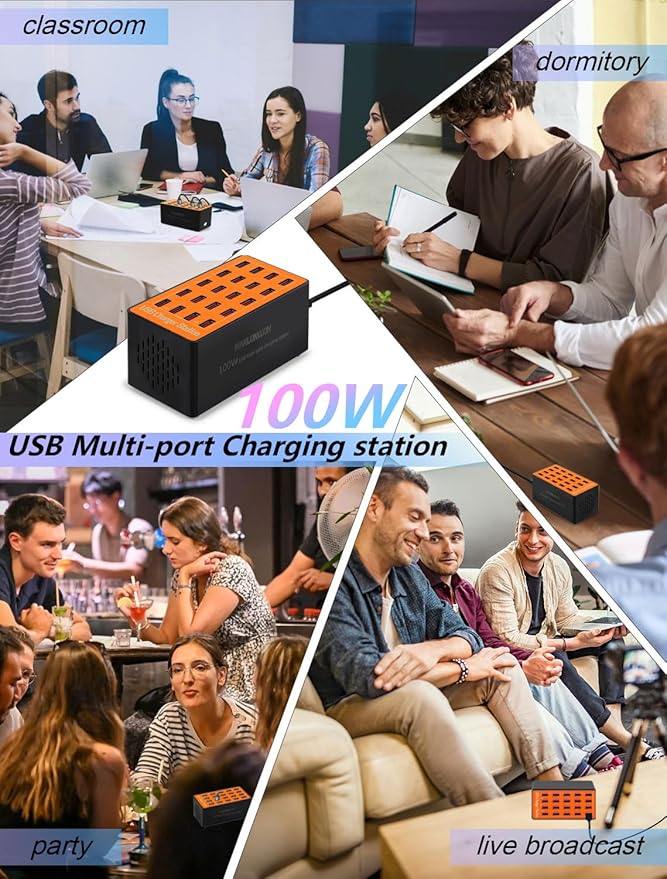 USB Charging Station,100W 20-Port Multi Smart Safety Fast Charger Station for Phone Tablet Watch Headphone PS, Compact Desktop Charger Home Office Travel