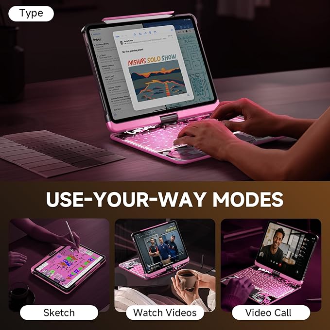 Tiaota Transparent Case with Keyboard for iPad Pro 11-inch(M5/M4, 2025/2024),with 7-Color Backlit Wireless Keyboard, 360°Rotatable Protective Case Multi-Touch Trackpad,with Shortcuts,Pink