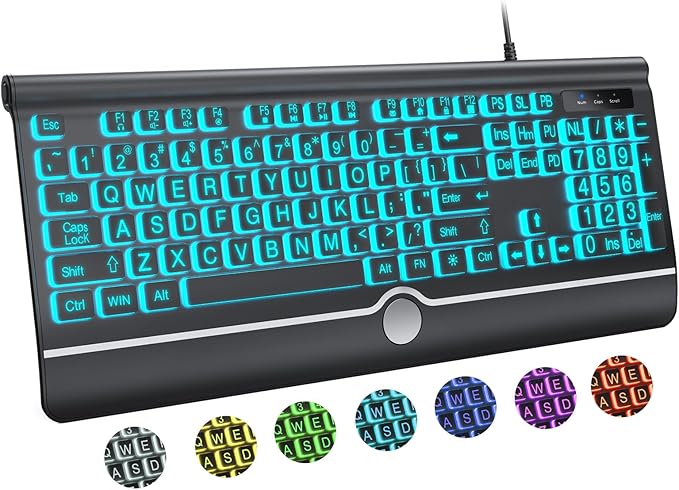 KOPJIPPOM USB Wired Keyboard with Large Print Backlit Keys, 7 Color LED Backlight, Ergonomic Wrist Rest, Spill-Resistant Design, Full-Size Computer Keyboard with Number Pad for PC Desktop Laptop