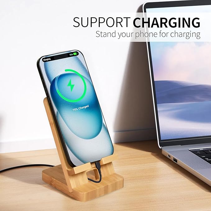 Plehood Wood Phone Stand, Desktop Wooden Phone Holder, Portable Office Phone Stand for Desk, Wood ipad Stand, Compatible with iPhone & All Cell Phones (Bamboo)