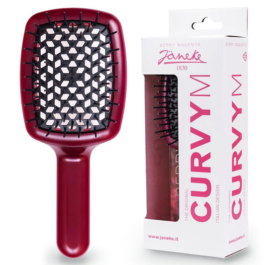 Janeke Curvy Hair Brush with Ergonomic Handle – Vented Brush for Blow Drying & Smoothing – Anti Static Detangler for Thick, Curly & Wet Hair (Red - Black)