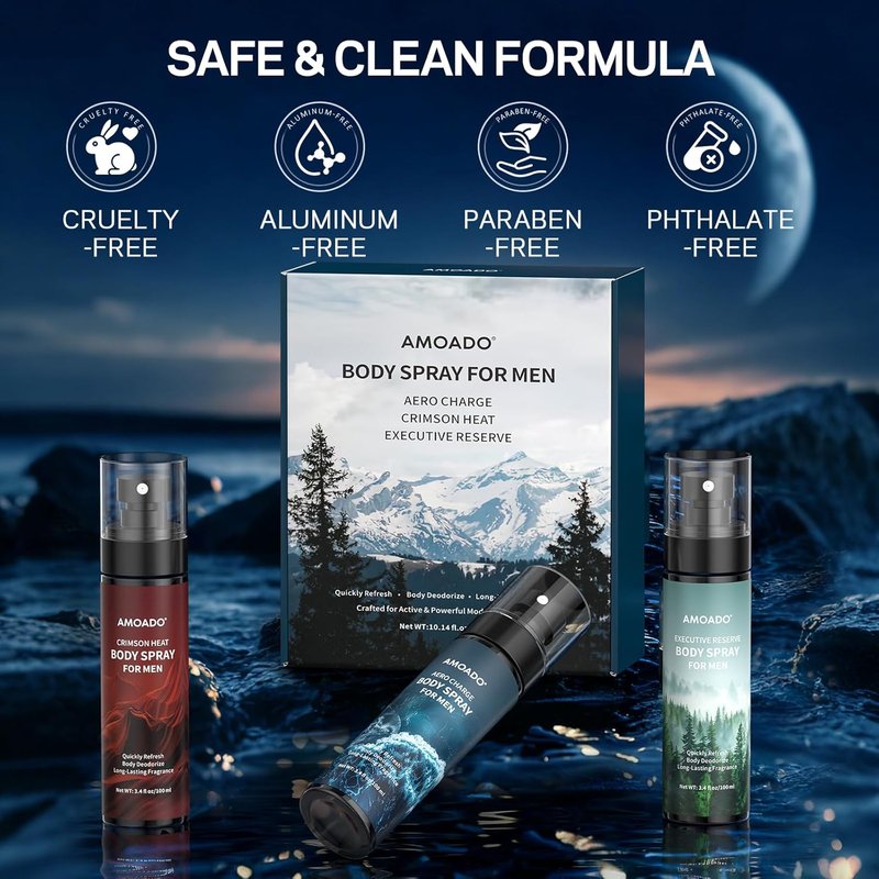 Men’s Body Spray Set - Aluminum-Free Deodorizing Mist | Refreshing Oriental & Woody Scents, 3.4 fl oz Each
