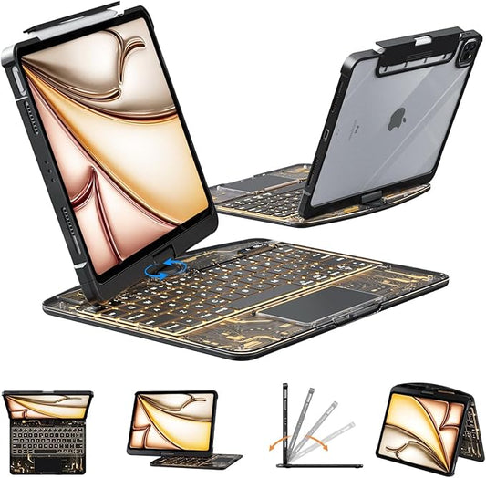 Transparent Case with Wireless Keyboard for iPad Air 11 Inch (M3/M2,2025/2024), 7 Colors Backlight, Multi-Touch Trackpad, 360° Rotating Stand Case for 10.9" iPad Air 5th/4th, 11" iPad Pro 4/3/2/1