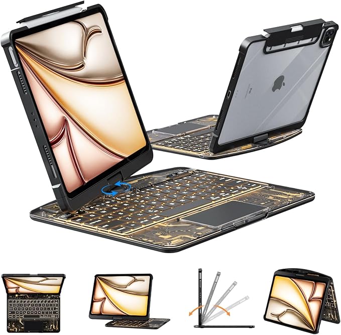 KARTICE Transparent Case with Wireless Keyboard for iPad Pro 13 inch (M4,2024), 7 Colors Backlight, Multi-Touch Trackpad, 360° Rotating Stand Case with Pencil Holder for iPad Pro 13