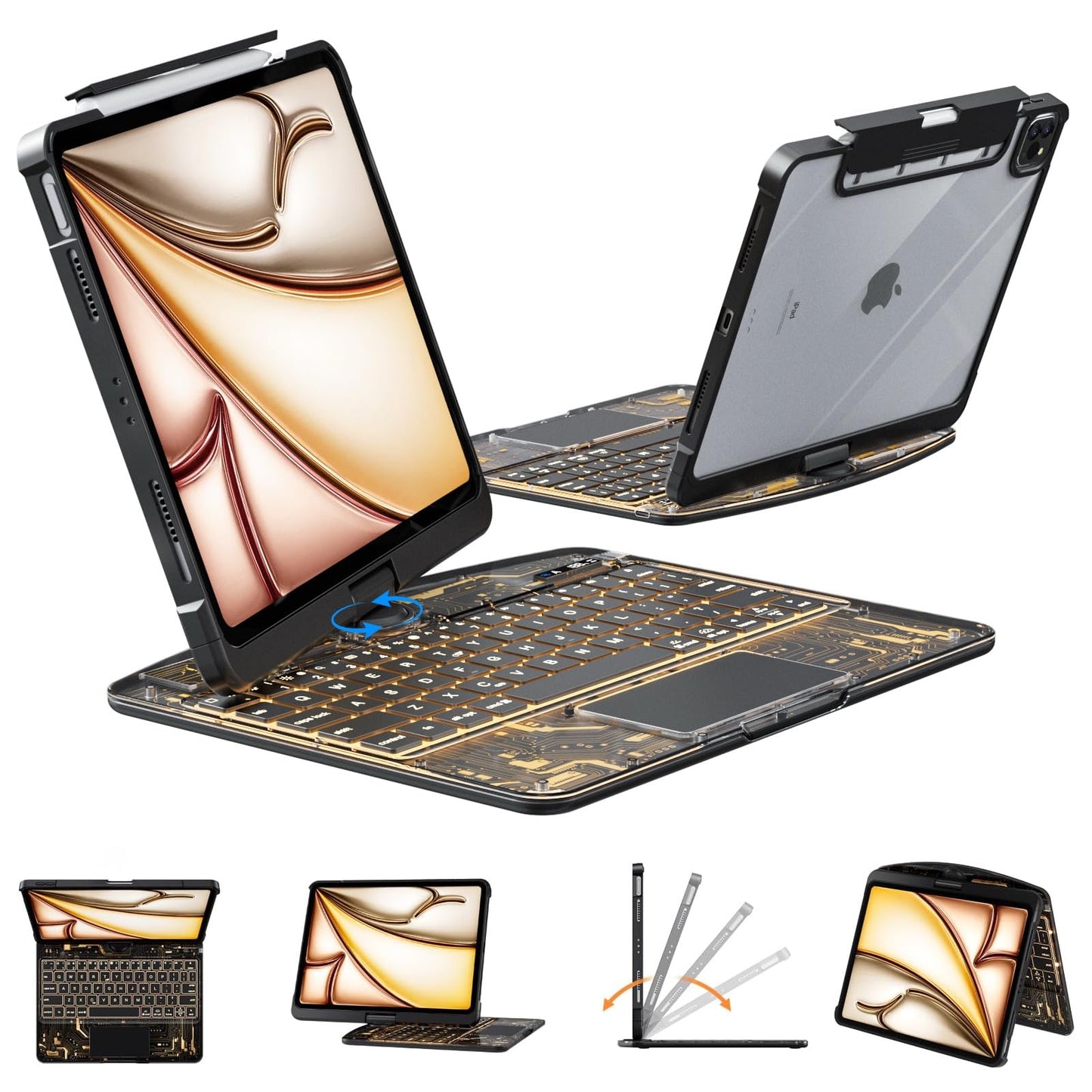 Transparent Case with Wireless Keyboard for iPad Air 13 Inch (M3/M2, 2025/2024), 7 Colors Backlight, Multi-Touch Trackpad, 360° Rotating Stand with Pencil Holder for iPad Pro 12.9 Inch (6/5/4/3 Gen)