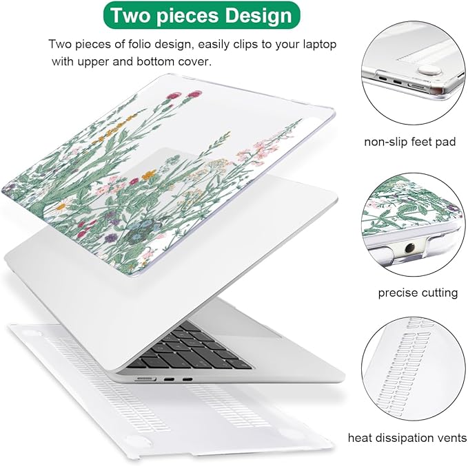 LCMOCICO for MacBook Air 13 Inch Case 2026 2025 2024 2023 2022 Release M5 A3449 M4 A3240 M3 A3113 M2 A2681, Scratch Resistant Plastic Hard Shell Case for MacBook Air 13.6 M5, Green Plants Flowers
