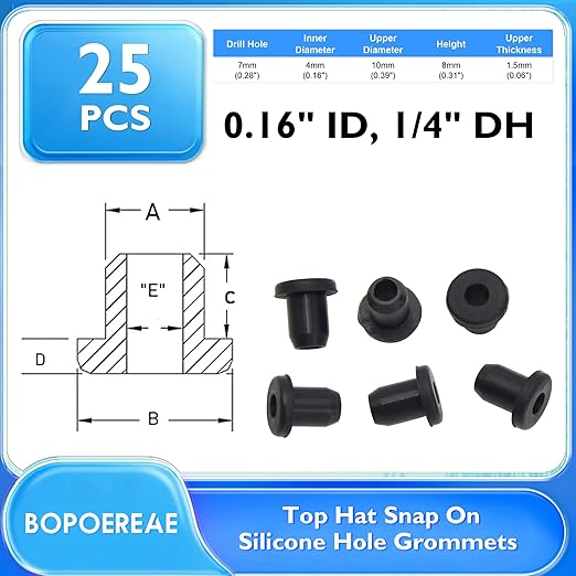 BOPOREAE 25 Pcs 1/4" Drill Hole, 3/16" ID Silicone Rubber Grommets for Wiring, Automotive Firewall Hole Plug, Small Top Hat Grommet for Vinyl Tubing in Hydroponic Irrigation System Metal Wall Drywall