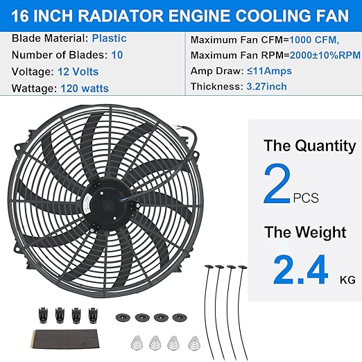 FSBCGT 2PCS 16 Inch Universal Slim Fan Push Pull Electric Radiator Cooling 12V 120W Mount Kit Black